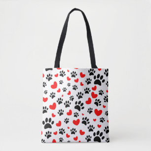 Random Dog Paw Prints And Red Hearts Tote Bag