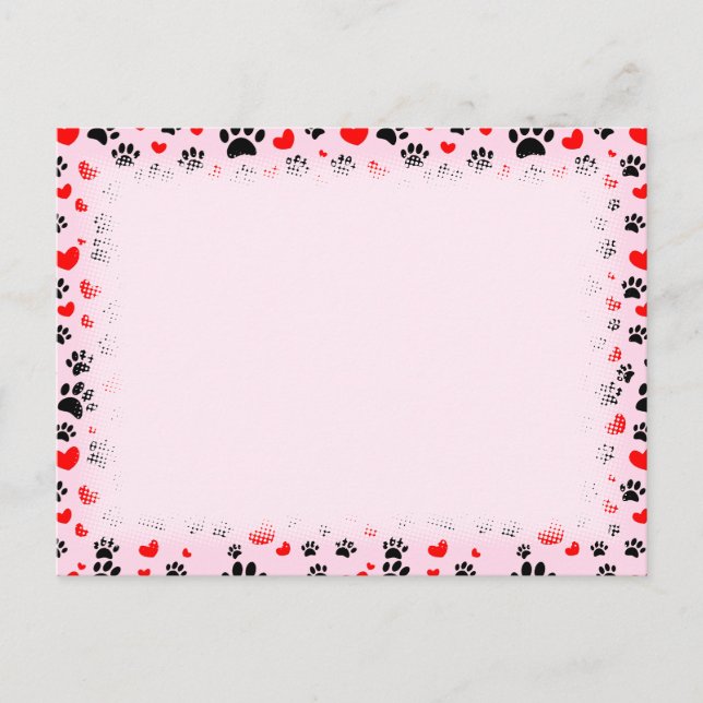 Random Dog Paw Prints Red Hearts Border Light Pink Postcard (Front)