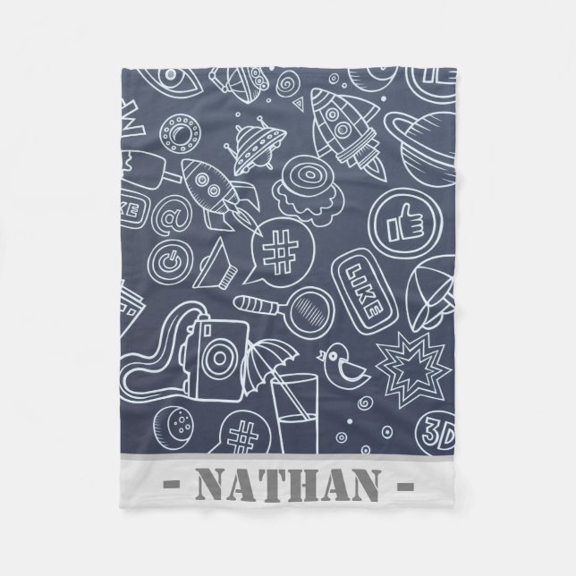 Random Doodles Dark Blue Personalised Fleece Blanket (Front)