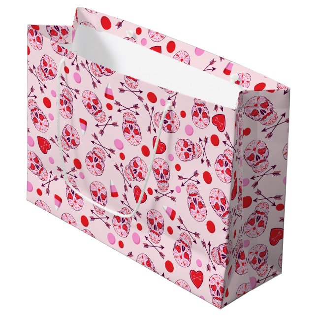 Random Heart Sugar Skulls & Arrows Large Gift Bag (Front Angled)