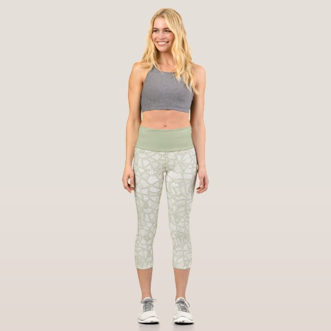Random Leaf Mosaic Pale Green Capri Leggings (Front)