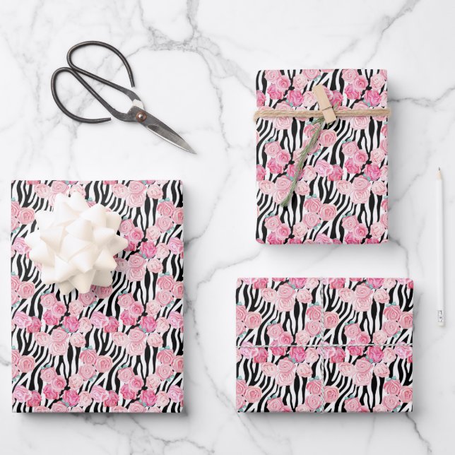 Random Pink Flowers Faux Zebra Stripes Pattern Wrapping Paper Sheet (Front)