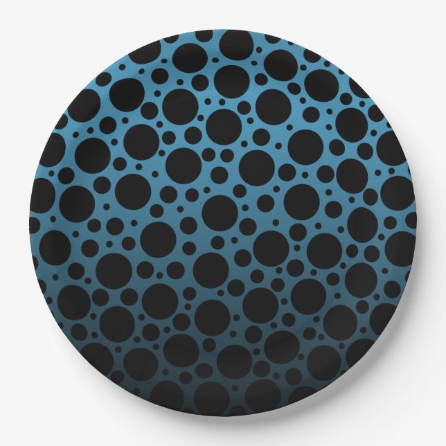 Random Polka Dots - Peacock Blue to Black Gradient Paper Plate (Front)