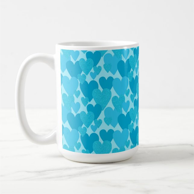RANDOM SHADES OF AQUA HAND DRAWN HEARTS COFFEE MUG (Left)