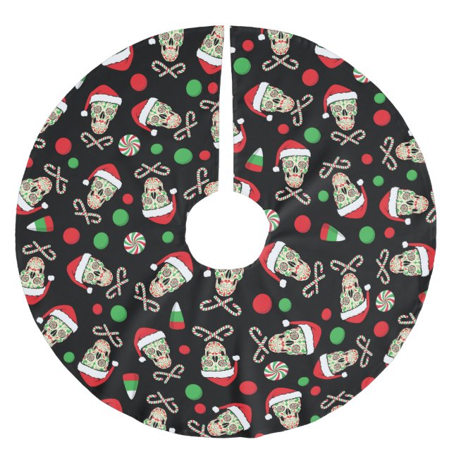 Random Sugar Skull Santa Brushed Polyester Tree Skirt (Front)
