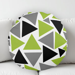 Random Triangles Lime Green Grey Black Geometric Round Cushion