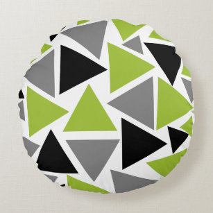 Random Triangles Lime Green Grey Black Geometric Round Cushion