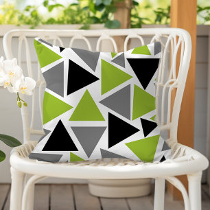 Random Triangles Lime Green Grey Black on White Cushion
