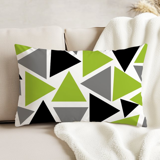 Random Triangles Lime Green Grey Black on White Decorative Cushion (Creator Uploaded)