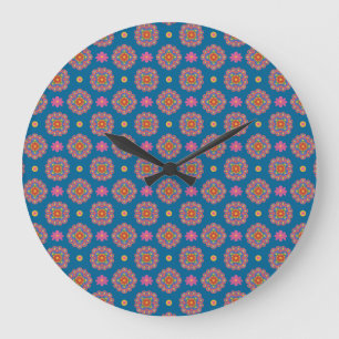 Rangoli Flowers and Polka Dots on Blue Wall Clock