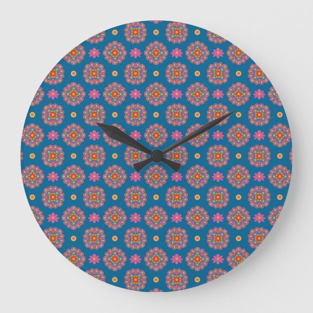 Rangoli Flowers and Polka Dots on Blue Wall Clock (Front)