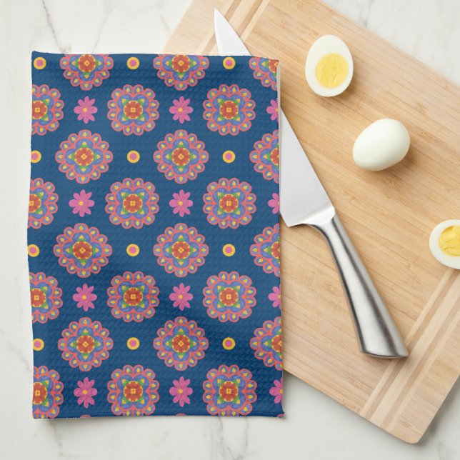 Rangoli, Flowers, Polka Dots, Blue Kitchen Towel (Quarter Fold)