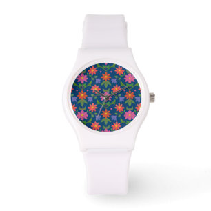 Rangoli Flowers Polka Dots, Blue Sporty Wristwatch