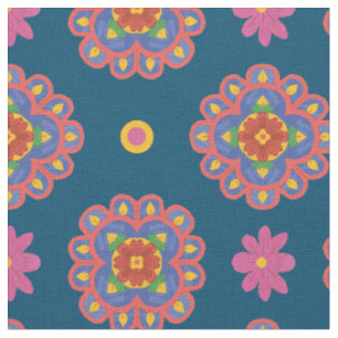 Rangoli Flowers, Polka Dots on Blue Custom Fabric
