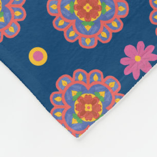 Rangoli Flowers Polka Dots on Blue Fleece Blanket