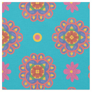 Rangoli Flowers, Polka Dots on Turquoiose Fabric