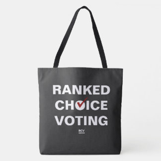 Ranked Choice Voting with checkmark on black Tote Bag