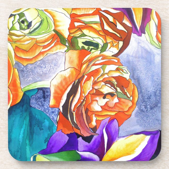 Ranunculus and Iris watercolour art Coaster (Front)