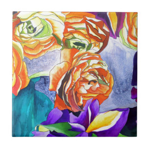 Ranunculus and Iris watercolour art Tile