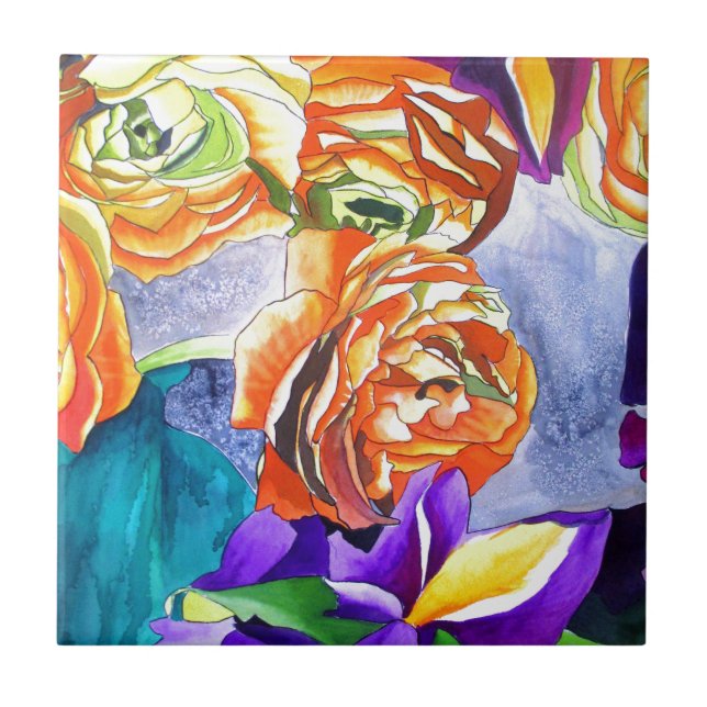 Ranunculus and Iris watercolour art Tile (Front)