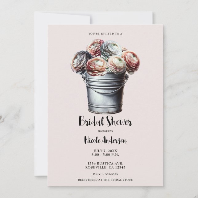 Ranunculus in Tin Pail Rustic Glam Pink Bridal Invitation (Front)