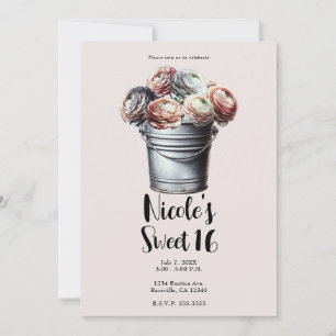 Ranunculus in Tin Pail Rustic Glam Pink Sweet 16 Invitation
