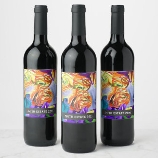 Ranunculus Iris watercolor floral art wine label