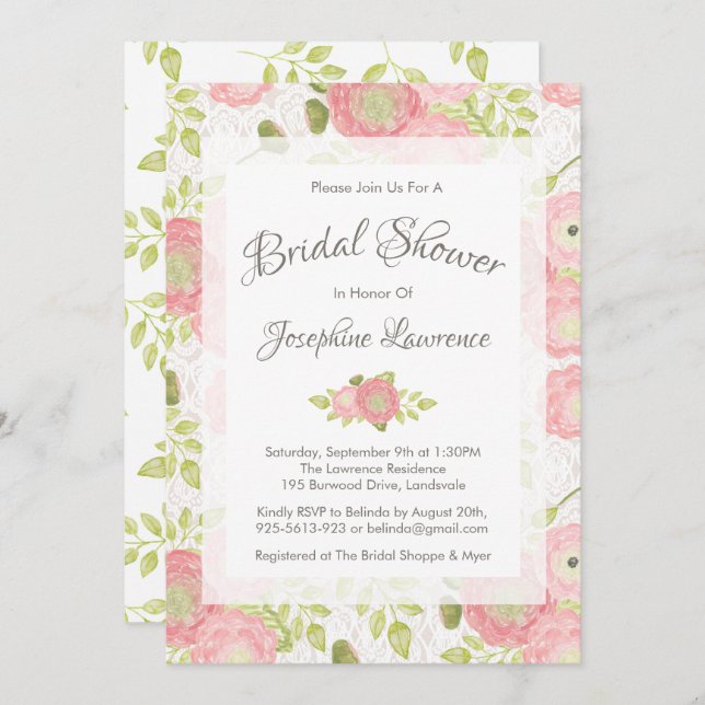 Ranunculus & Lace Peach Bridal Shower Invitations (Front/Back)
