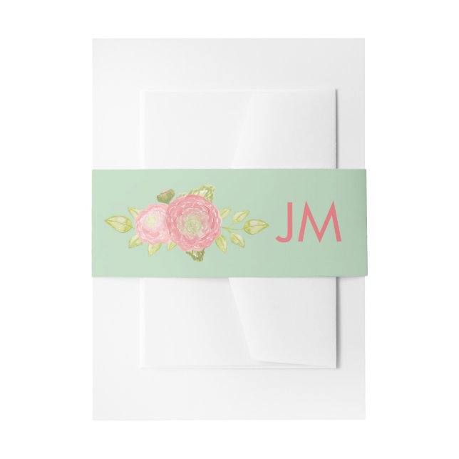 Ranunculus Monogram Floral Mint Wedding Invitation Belly Band (Front Example)