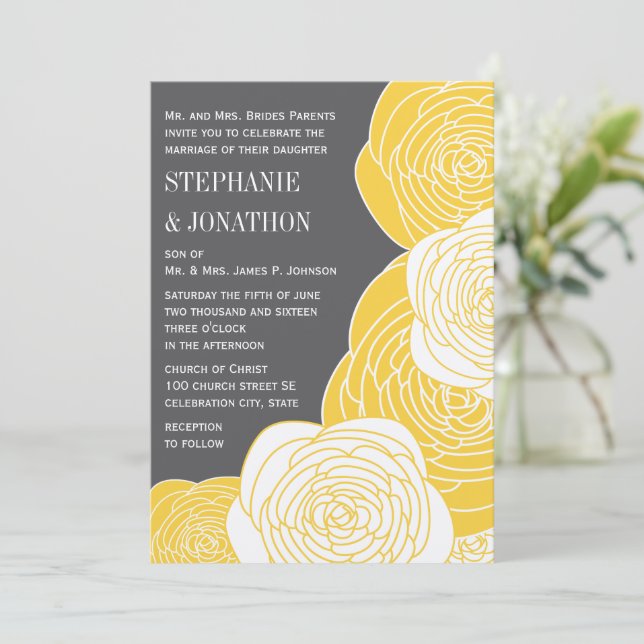 Ranunculus Rose Lime Yellow Grey Modern Wedding Invitation (Standing Front)