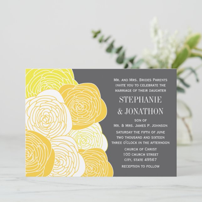 Ranunculus Rose Yellow and Grey Modern Wedding Invitation (Standing Front)