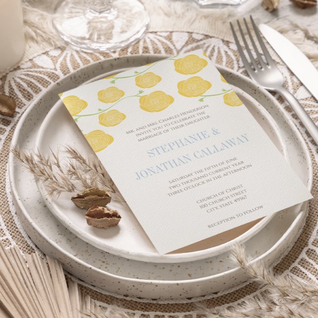 Ranunculus Rose Yellow and Grey Modern Wedding Invitation (Creator Uploaded)