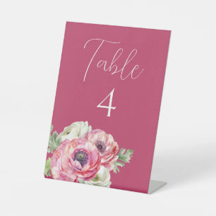 Ranunculus Wedding Table Number on Pink Pedestal Sign