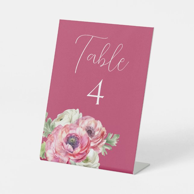 Ranunculus Wedding Table Number on Pink Pedestal Sign (Front)