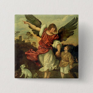 Raphael and Tobias, 1507-8 (oil on panel) 15 Cm Square Badge
