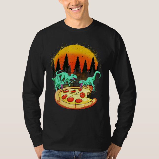 Raptor Dinosaur Eating Pizza T-Shirt (Front)