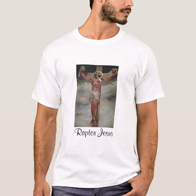 Raptor Jesus with prayer on back T-Shirt (Front)