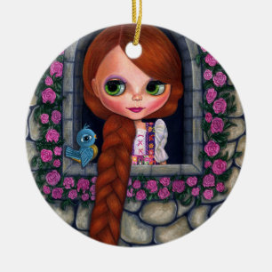 Rapunzel Big Eyes Girl Doll Cute Redhead Bluebird Ceramic Tree Decoration
