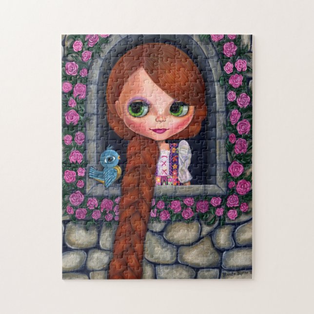 Rapunzel Big Eyes Girl Doll Cute Redhead Bluebird Jigsaw Puzzle (Vertical)