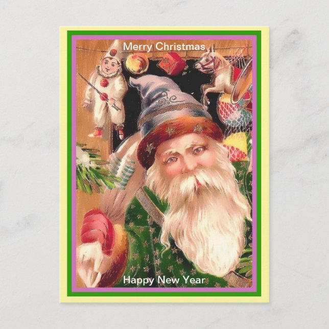 Rare Santa Purple Hat Green Coat Brown Fur & Stars Postcard (Front)