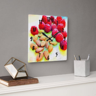 Raspberries and Almonds Watercolor Square Wall Clock