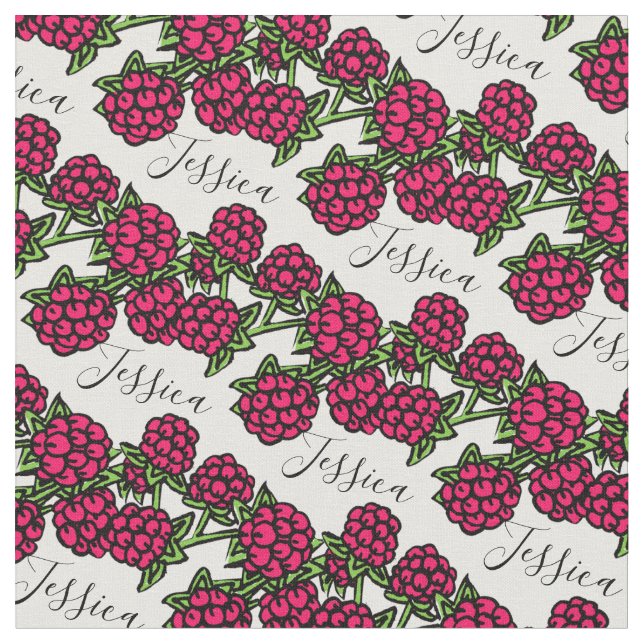 Raspberries drawing red green name pattern fabric (Close Up)