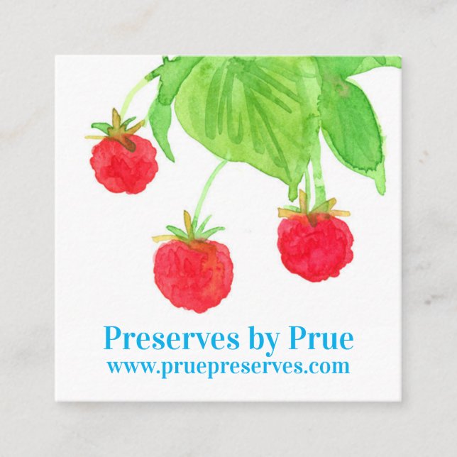 Raspberries Fresh Fruit Watercolor Red Green Square Business Card (Front)