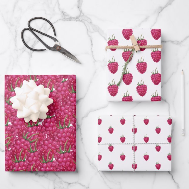 Raspberries Hand-painted Watercolor Pattern Wrapping Paper Sheet (Front)