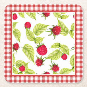 Raspberries on Red Gingham  Square Paper Coaster
