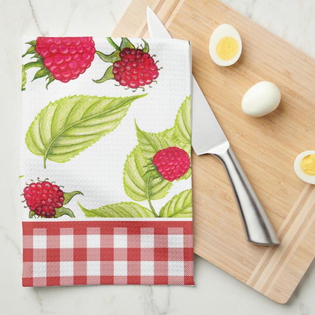 Raspberries on Red Gingham  Tea Towel (Quarter Fold)