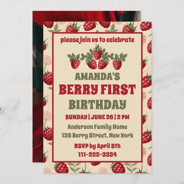 Raspberry 1st Birthday Party Berry First Photo Invitation (Front/Back)