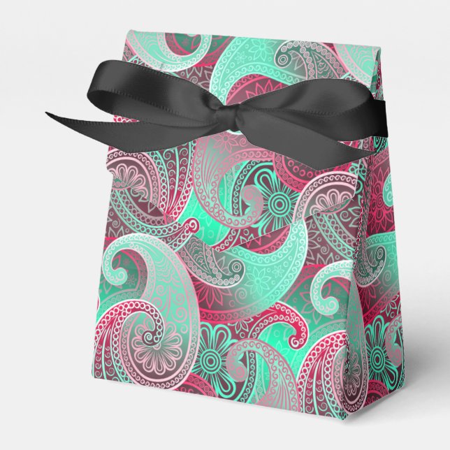 Raspberry and Aqua Paisley Damask Pattern Favour Box (Front Side)