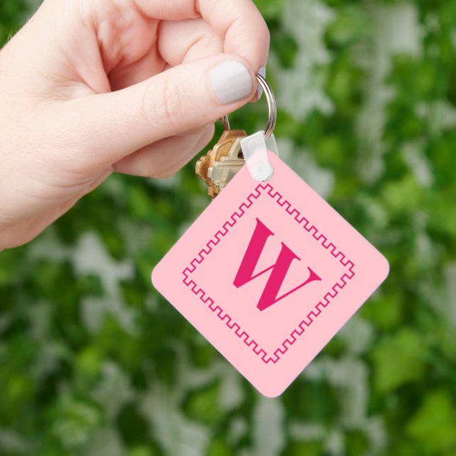 Raspberry and Pink Square Border Monogram Initials Key Ring (Hand)