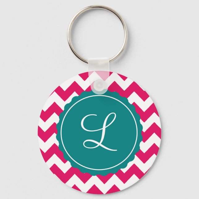 Raspberry and Teal Zig Zag Custom Initial Key Ring (Front)